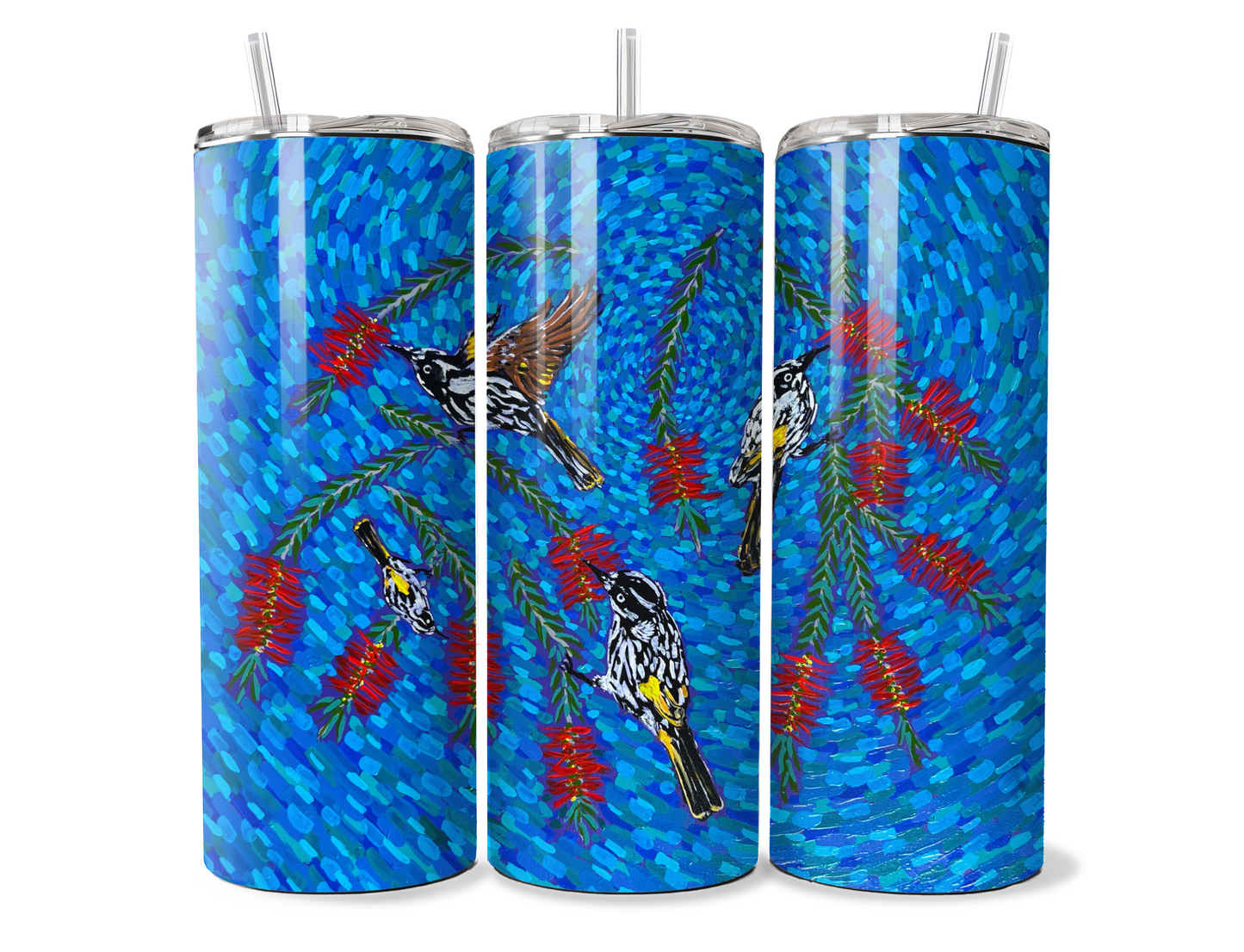 New Holland Honey Eaters by Jum Ashwin - Aboriginal Art - 20oz Tumbler