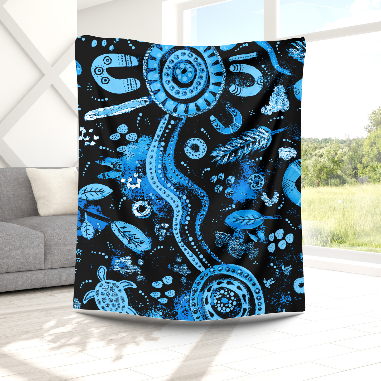 Country - Blue & Black - Aboriginal Art Throw Blanket