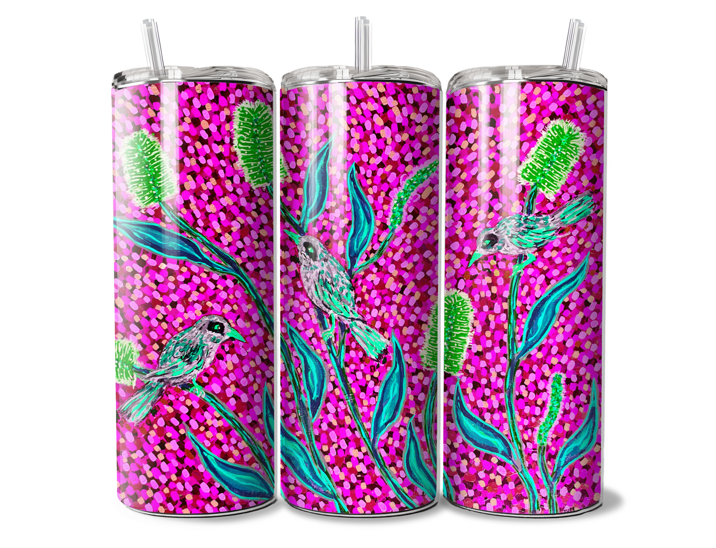Honey Eater's - Pink by Jum Ashwin - Aboriginal Art - 20oz Tumbler