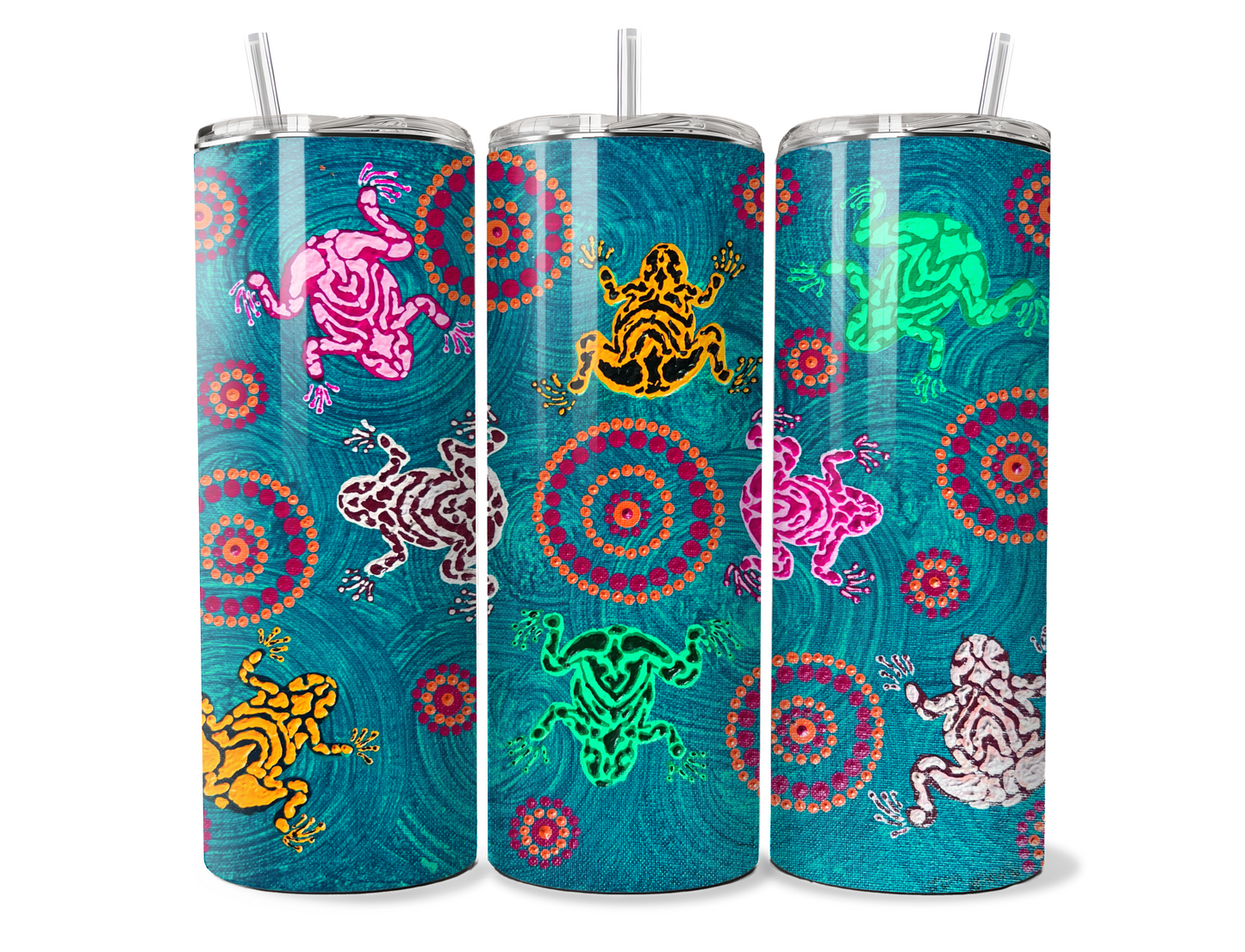 Frogs - Mating Season - Aqua - Jum Ashwin - Aboriginal Art - 20oz Tumbler