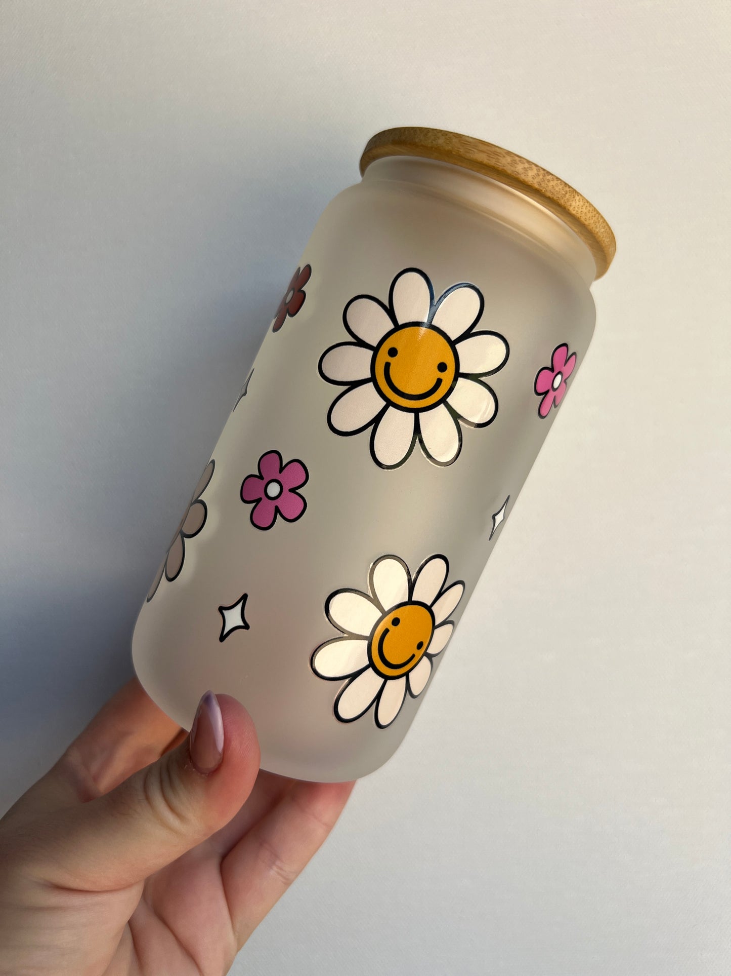 Smiley Flowers 16oz Glass Libbey Cup