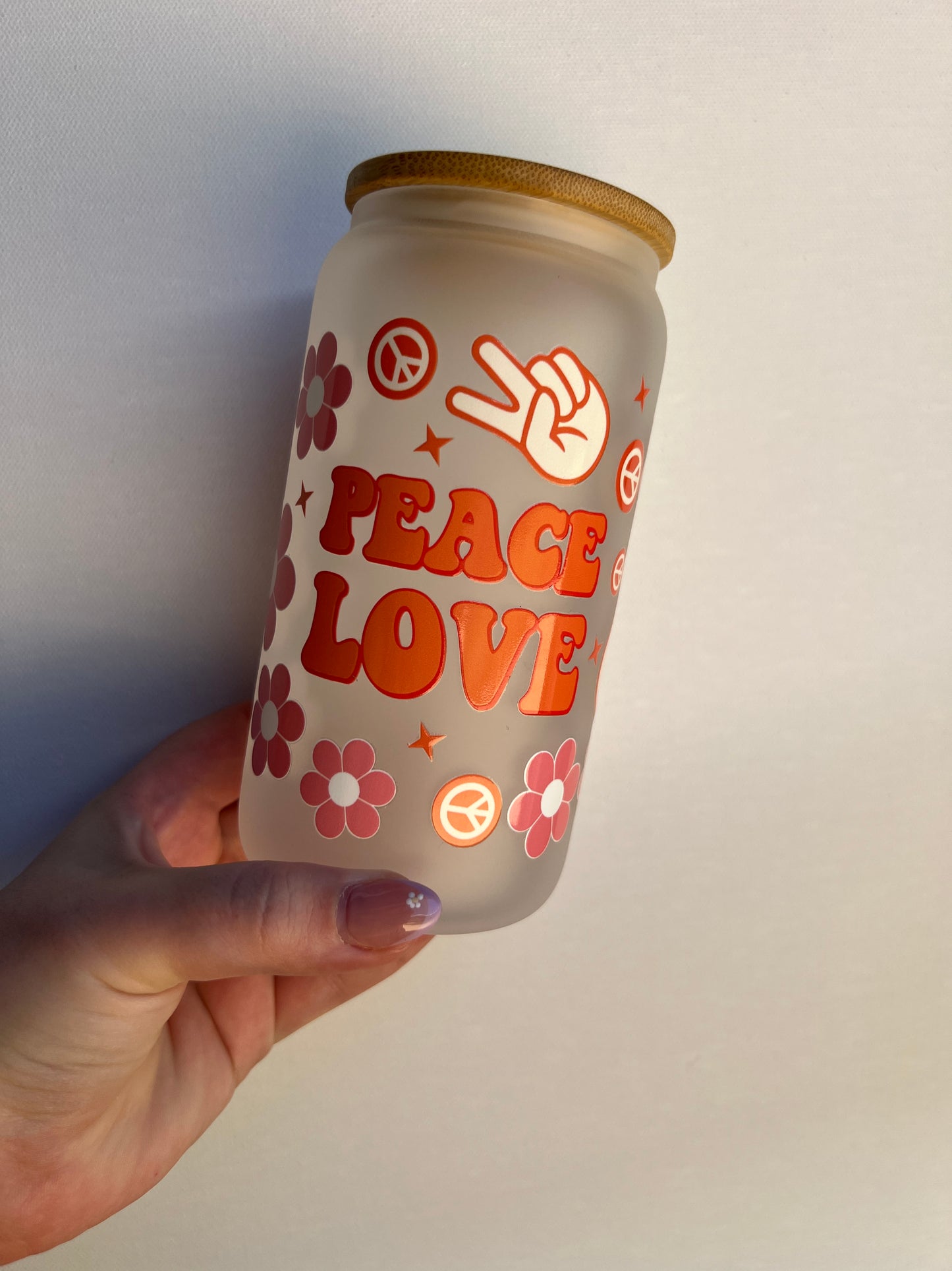 Peace Love 16oz Glass Libbey Cup