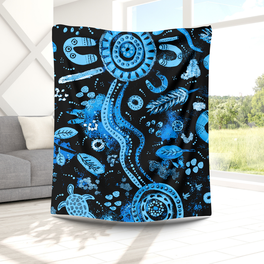 Country - Blue & Black - Aboriginal Art Throw Blanket