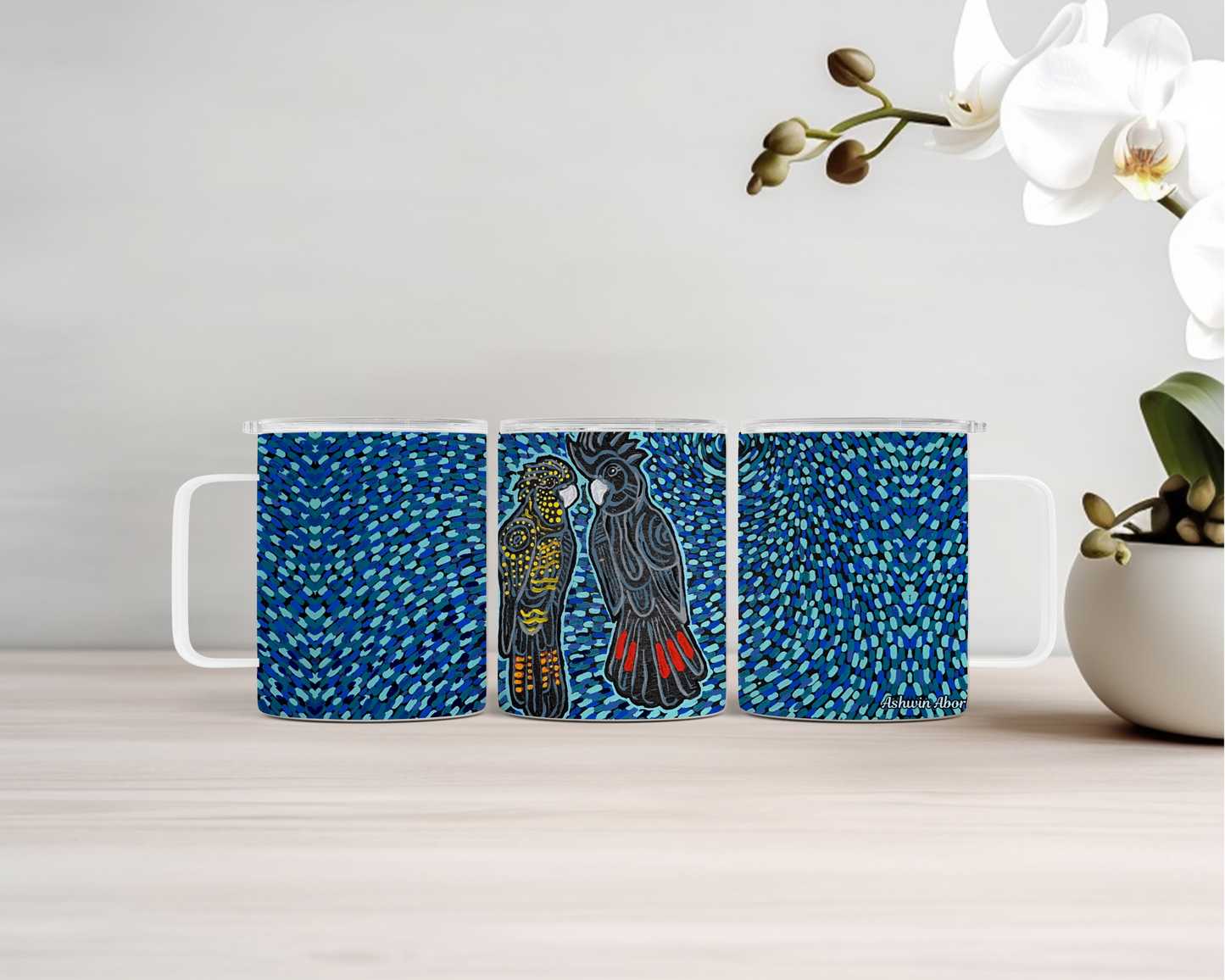 Cockatoo - Jum Ashwin - 14oz Insulated Mugs - Aboriginal Art Mug