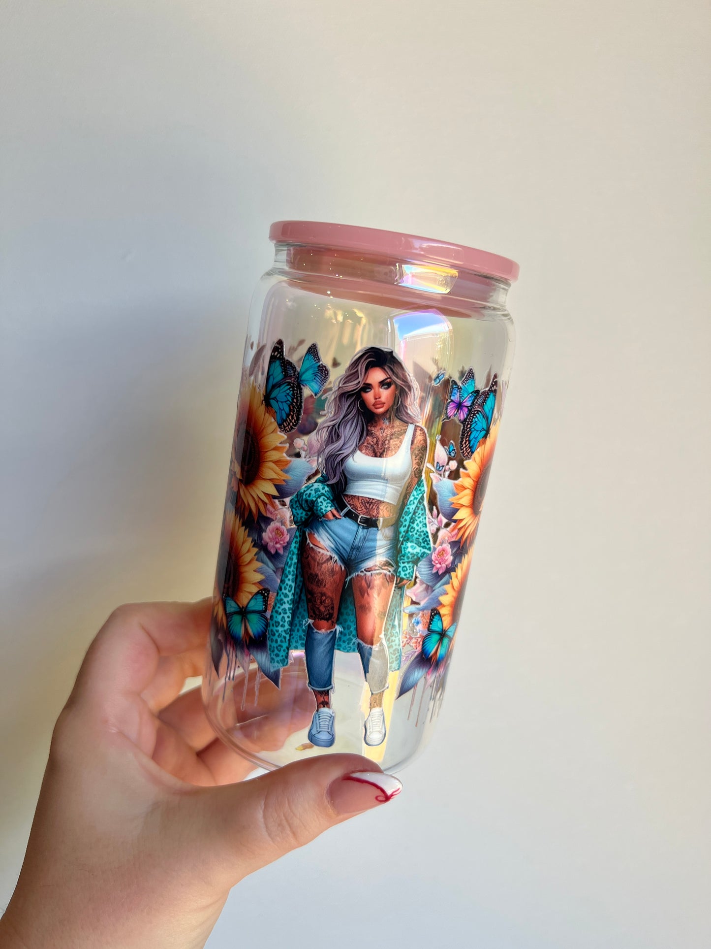 Flower Butterflies  - 16oz Glass Libbey Cup