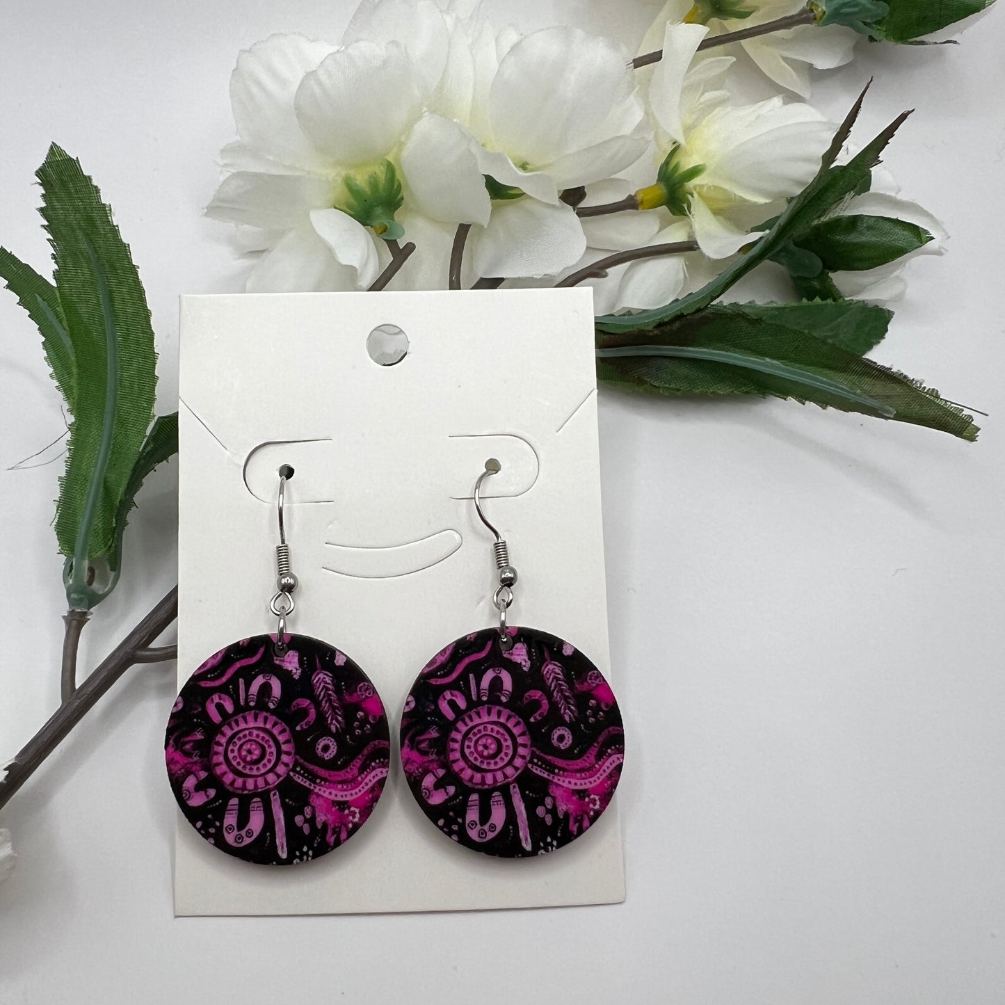 Country - Pink & Black - Wooden Aboriginal Art Earrings