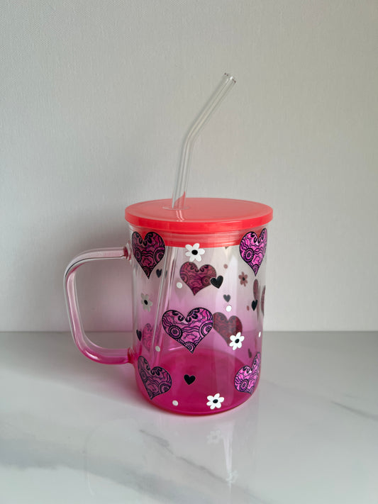 Hearts -  Ombre Glass Mug - 17oz Glass Libbey Cup