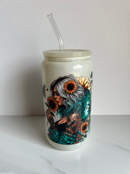 Sunflower Girl - shimmer - 16oz Glass Libbey Cup