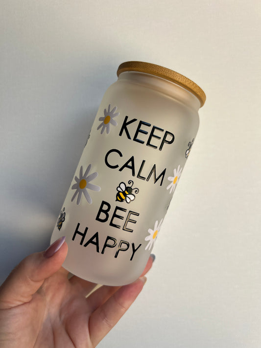 Bee Happy 16oz Glass Libbey Cup